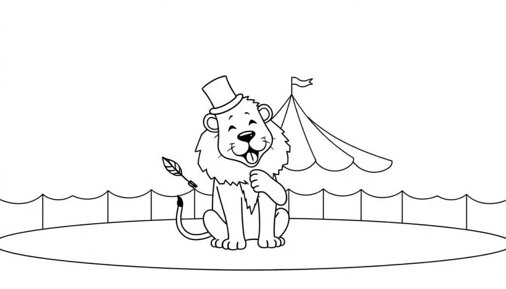 Een zwart-witte lijntekening van een lachende leeuw met een hoge hoed, zittend op een podium voor een circustent.