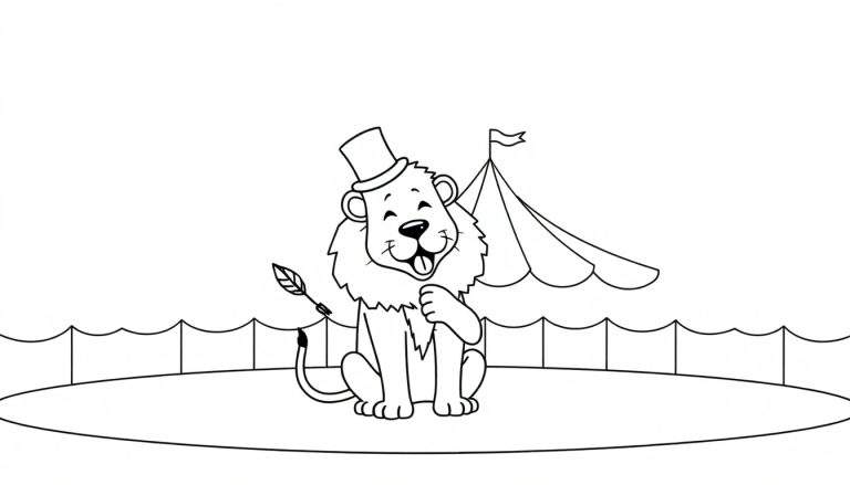 Een zwart-witte lijntekening van een lachende leeuw met een hoge hoed, zittend op een podium voor een circustent.