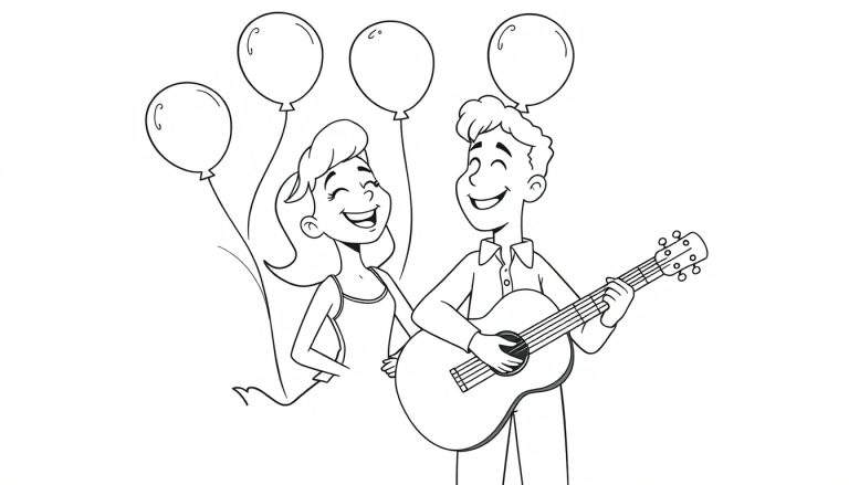 Zwart-witte lijntekening van een lachende man die gitaar speelt, naast een lachende vrouw. Vier ballonnen zweven boven hen. Kleurplaat.