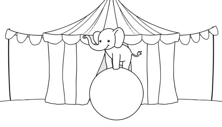 Kleurplaat van een lachende olifant die op een grote bal balanceert met een circustent op de achtergrond.