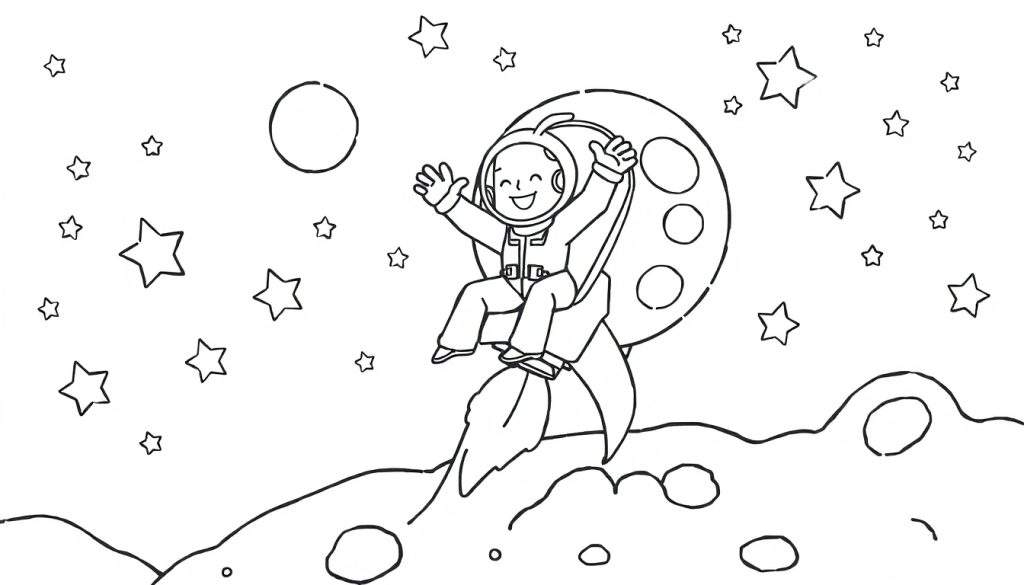 Zwart-wit kleurplaat van een lachend kind in astronautenpak dat zwaait vanuit een opstijgende raket, met een heuvelachtig planetenlandschap en sterren op de achtergrond.