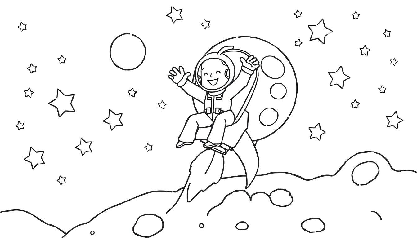 Zwart-wit kleurplaat van een lachend kind in astronautenpak dat zwaait vanuit een opstijgende raket, met een heuvelachtig planetenlandschap en sterren op de achtergrond.