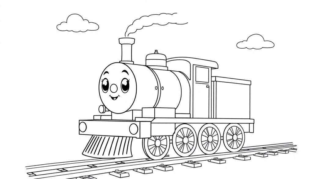 Zwart-wit tekening van een cartoonachtige stoomtrein met een gezicht, staand op rails, met rook uit de schoorsteen en wolken erboven.