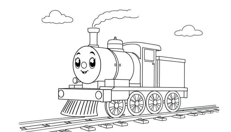 Zwart-wit tekening van een cartoonachtige stoomtrein met een gezicht, staand op rails, met rook uit de schoorsteen en wolken erboven.