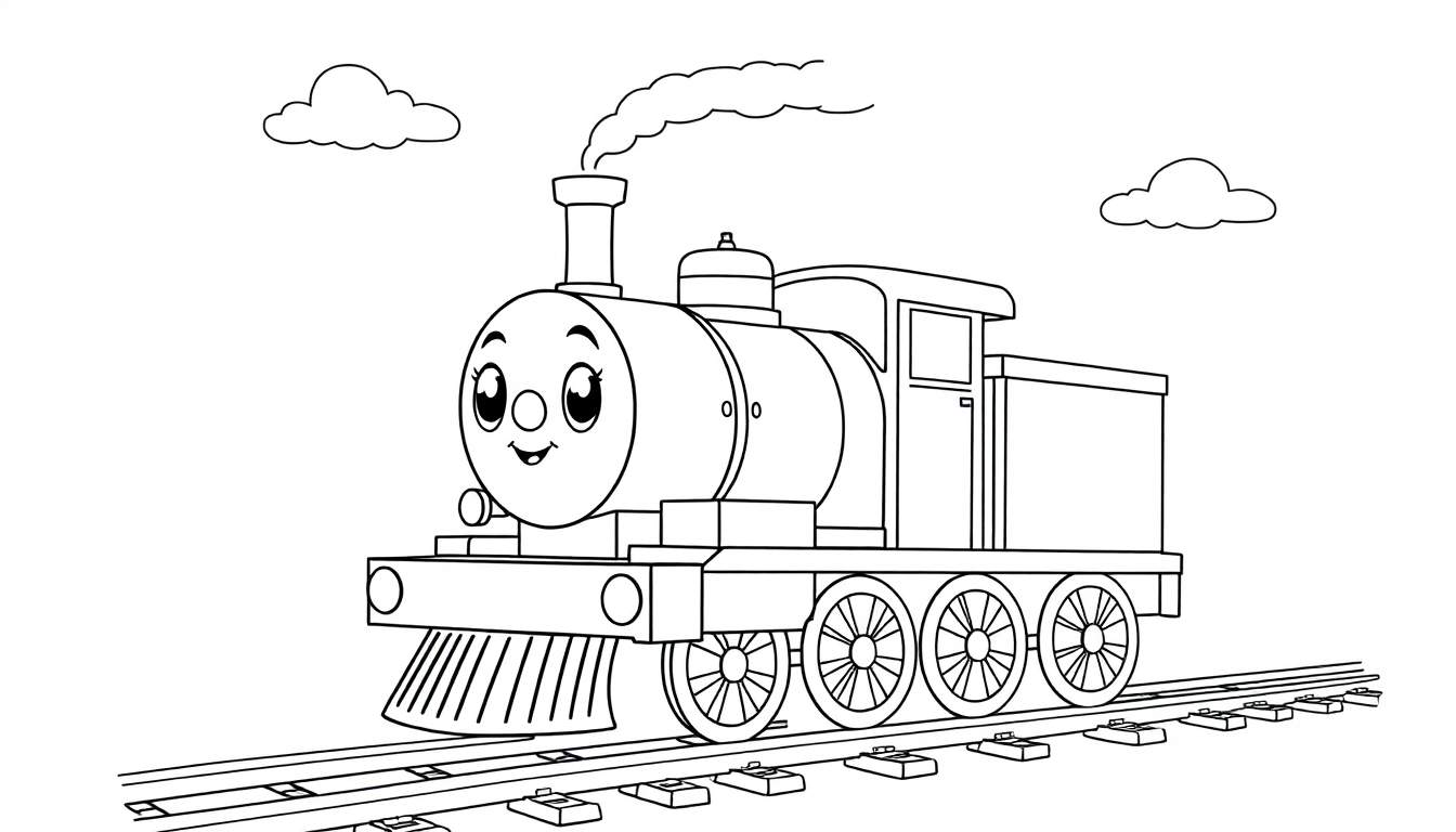 Zwart-wit tekening van een cartoonachtige stoomtrein met een gezicht, staand op rails, met rook uit de schoorsteen en wolken erboven.