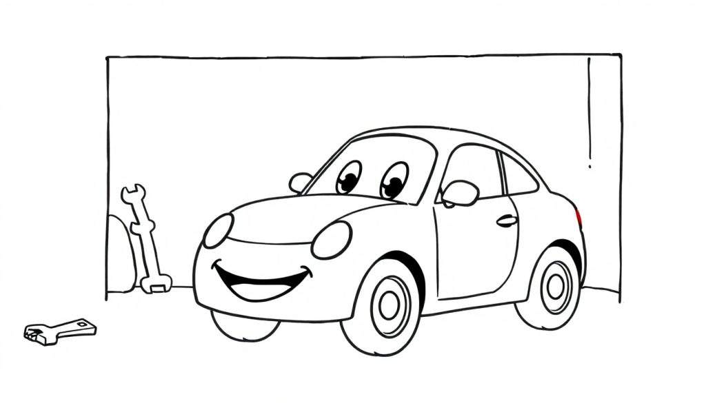 Zwart-wit lijntekening van een vriendelijke cartoon sportauto met een lachende mond, staand in een garage met twee steeksleutels.