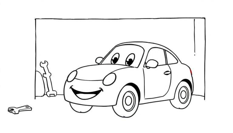 Zwart-wit lijntekening van een vriendelijke cartoon sportauto met een lachende mond, staand in een garage met twee steeksleutels.