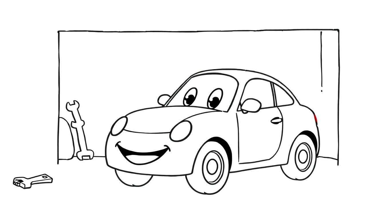 Zwart-wit lijntekening van een vriendelijke cartoon sportauto met een lachende mond, staand in een garage met twee steeksleutels.