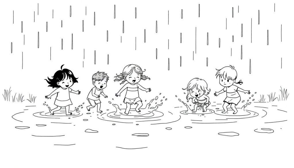 Zwart-wit tekening van vijf lachende kinderen die in de regen springen en spetteren in waterplassen.