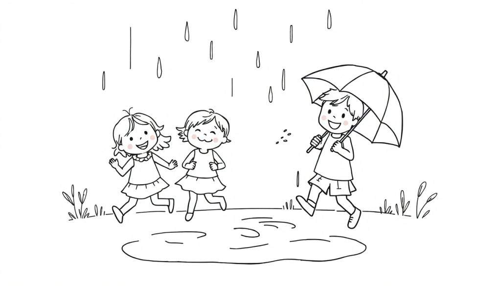 Kleurplaat van drie lachende kinderen die buiten spelen in de regen, met regendruppels en plassen.