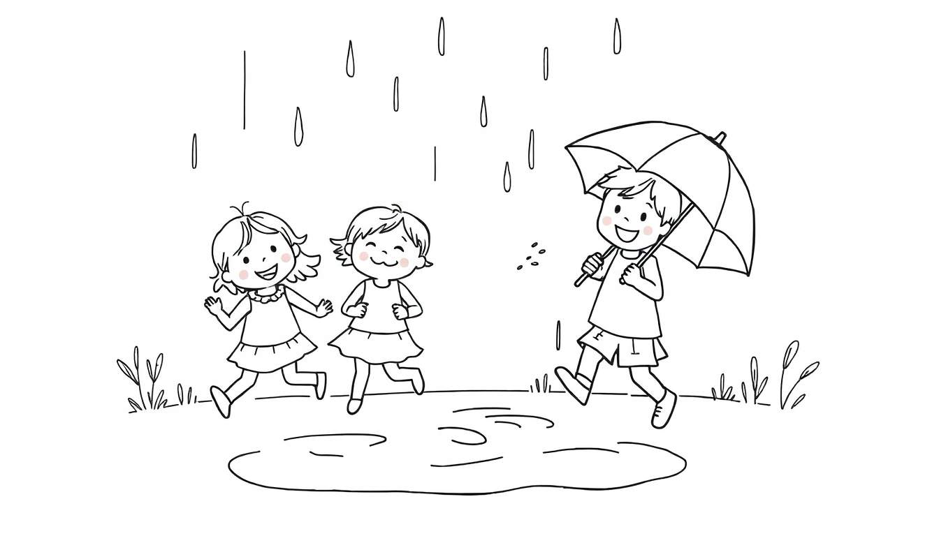 Kleurplaat van drie lachende kinderen die buiten spelen in de regen, met regendruppels en plassen.