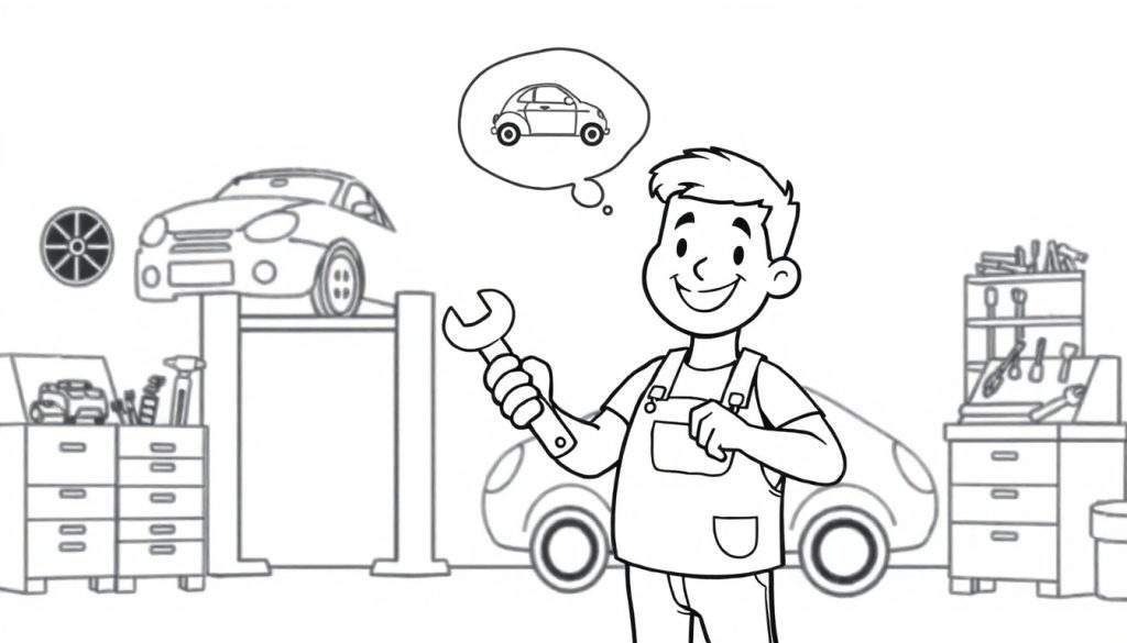 Zwart-wit lijntekening van een vrolijke automonteur met een moersleutel en een gedachtewolkje met een auto, omringd door gereedschap en werkplaatsapparatuur.