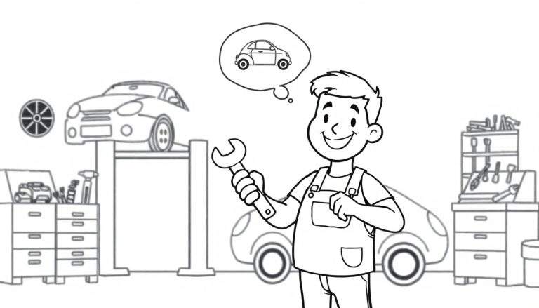 Zwart-wit lijntekening van een vrolijke automonteur met een moersleutel en een gedachtewolkje met een auto, omringd door gereedschap en werkplaatsapparatuur.