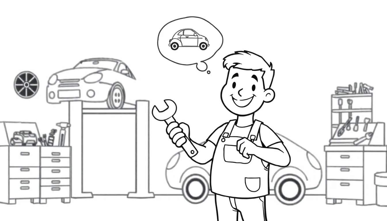 Zwart-wit lijntekening van een vrolijke automonteur met een moersleutel en een gedachtewolkje met een auto, omringd door gereedschap en werkplaatsapparatuur.