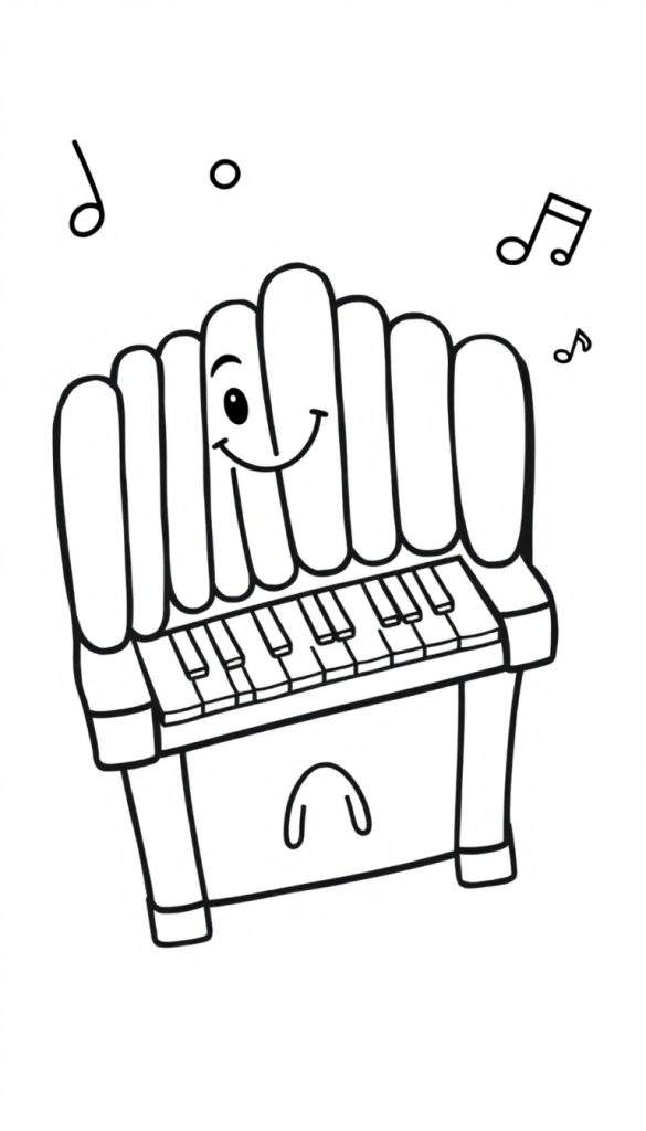 Kleurplaat van een lachende piano met muzieknoten en een koptelefoon.