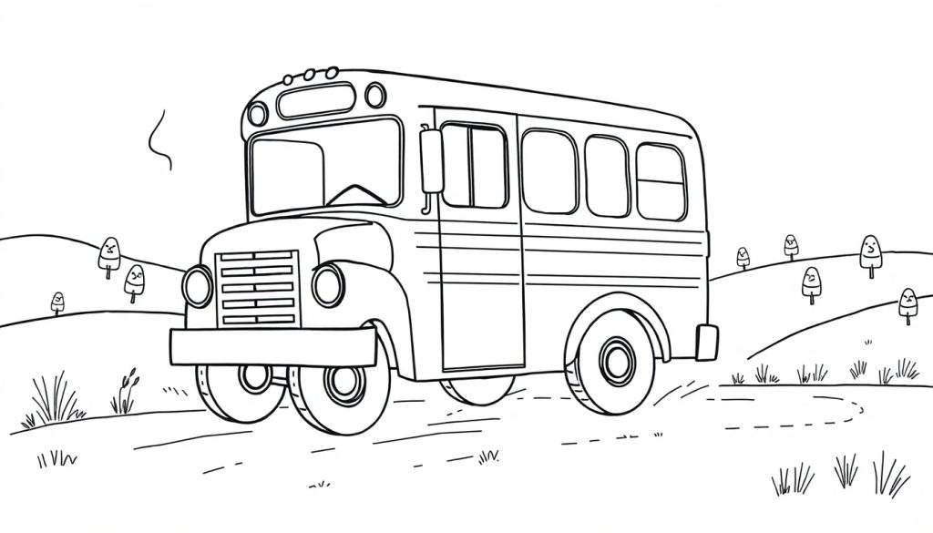 Kleurplaat van een lachende oude schoolbus die door een heuvelachtig landschap rijdt, met kleine boompjes met gezichtjes.