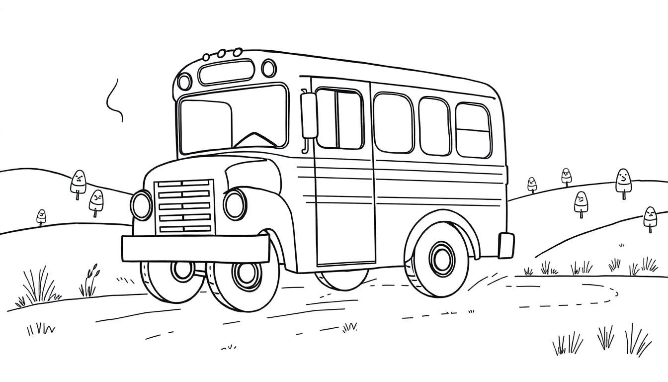 Kleurplaat van een lachende oude schoolbus die door een heuvelachtig landschap rijdt, met kleine boompjes met gezichtjes.