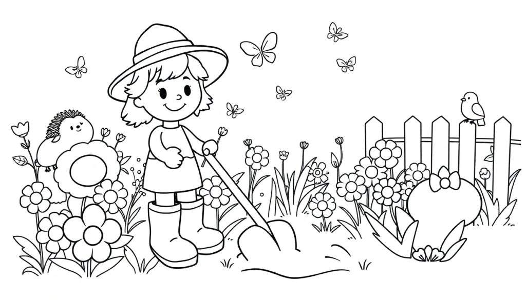 Kleurplaat van een lachend meisje dat tuiniert in een tuin vol bloemen, met een egel, vlinders en een vogeltje.