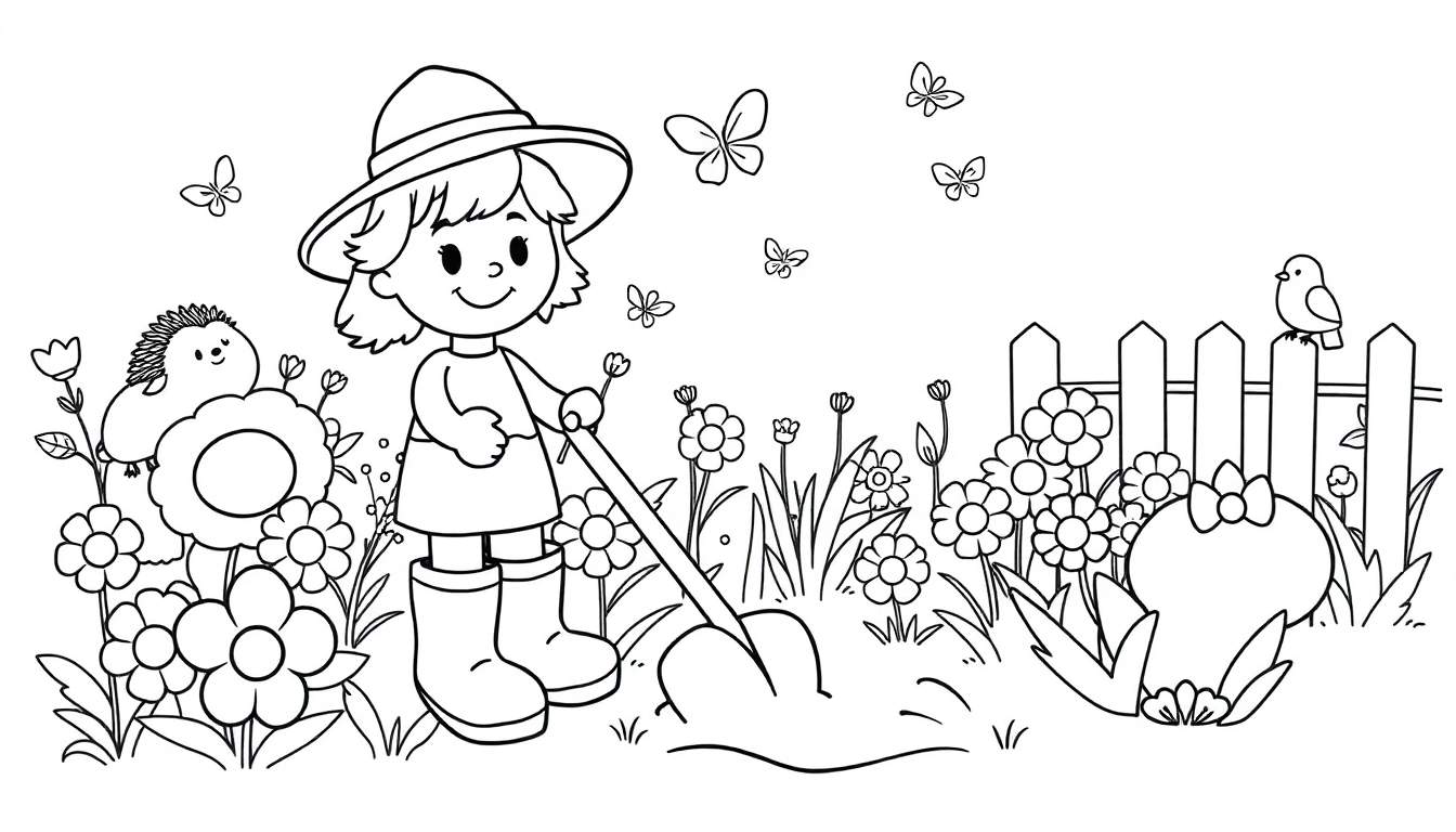 Kleurplaat van een lachend meisje dat tuiniert in een tuin vol bloemen, met een egel, vlinders en een vogeltje.