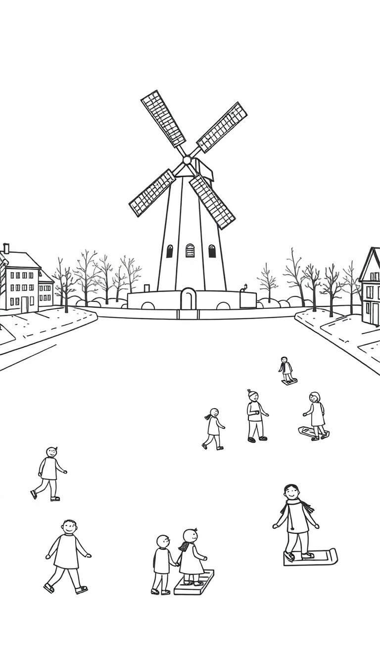 Kleurplaat van een winterse scène met een molen op de achtergrond en mensen die schaatsen en sleeën op een bevroren meer op de voorgrond.