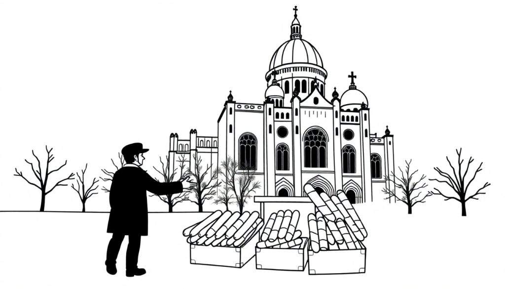 Zwart-wit kleurplaat van een winterscène met een grote kerk, een man, kratten met objecten en kale bomen.