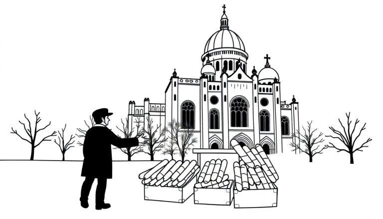 Zwart-wit kleurplaat van een winterscène met een grote kerk, een man, kratten met objecten en kale bomen.