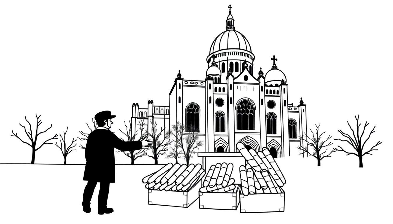 Zwart-wit kleurplaat van een winterscène met een grote kerk, een man, kratten met objecten en kale bomen.