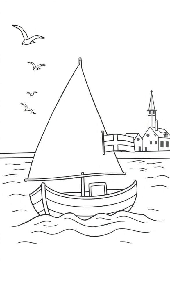 Kleurplaat: Zeilboot met een Scandinavische vlag, vier vliegende meeuwen, golvend water en een dorpje met een kerk op de achtergrond.