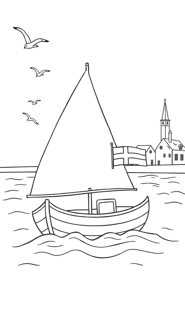 Kleurplaat: Zeilboot met een Scandinavische vlag, vier vliegende meeuwen, golvend water en een dorpje met een kerk op de achtergrond.