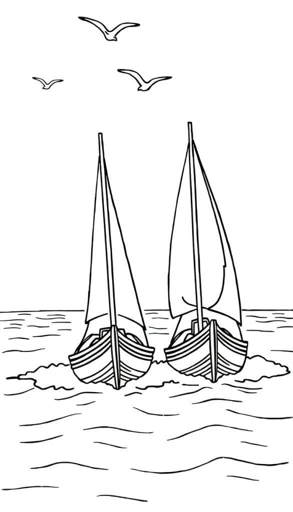 Zwart-wit lijntekening van twee zeilboten met hoge masten en horizontale lijnen op de romp, varende op golvend water. Drie meeuwen vliegen erboven.