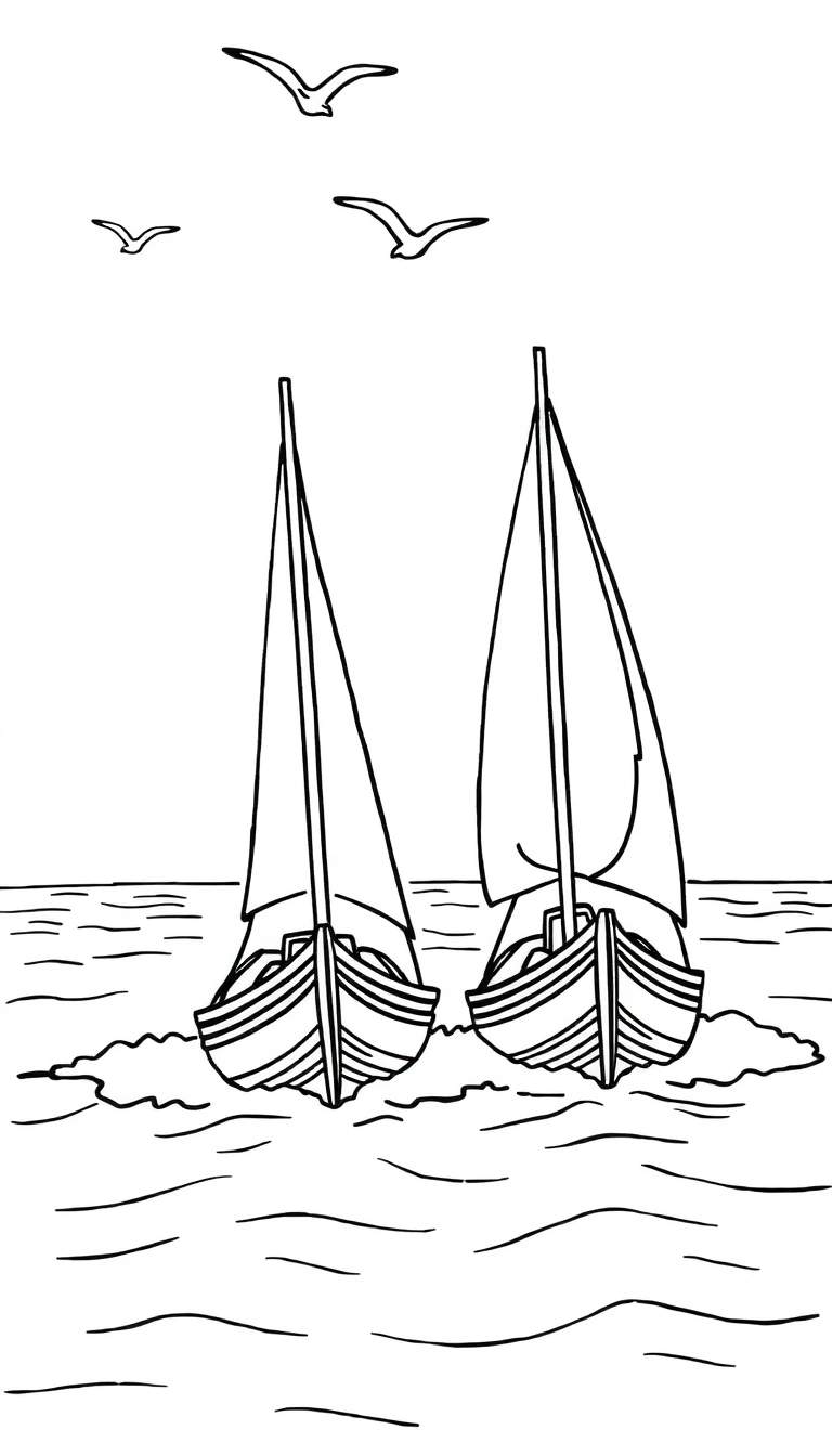 Zwart-wit lijntekening van twee zeilboten met hoge masten en horizontale lijnen op de romp, varende op golvend water. Drie meeuwen vliegen erboven.