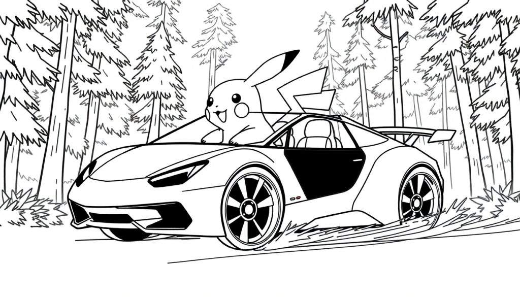 Zwart-wit tekening van Pikachu in een sportauto door een bos, met stof dat van de wielen spat.