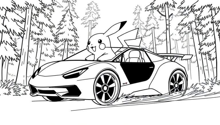Zwart-wit tekening van Pikachu in een sportauto door een bos, met stof dat van de wielen spat.