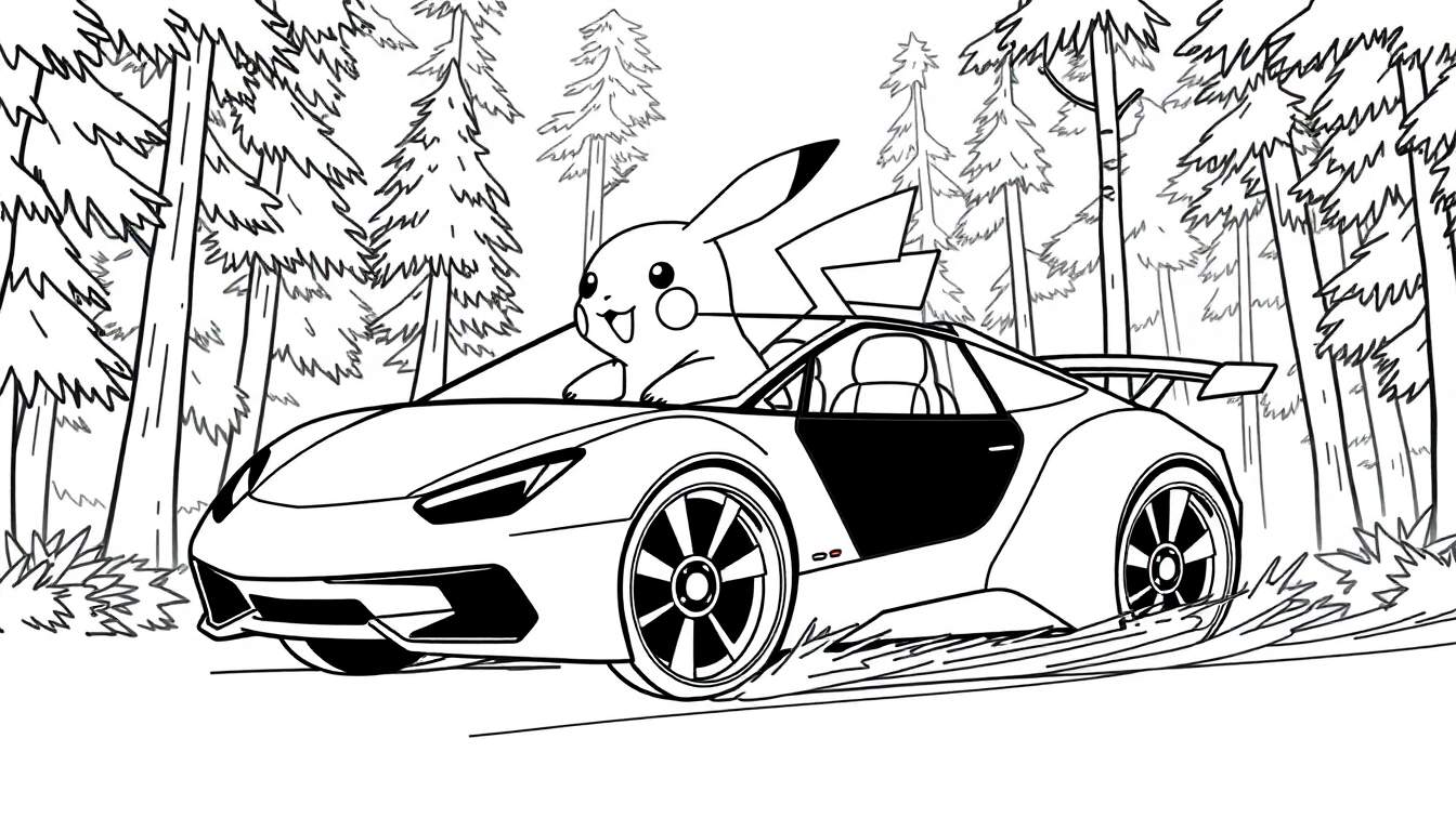 Zwart-wit tekening van Pikachu in een sportauto door een bos, met stof dat van de wielen spat.
