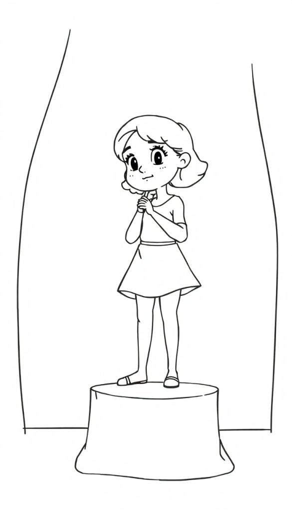 Kleurplaat van een jong meisje met kort haar en grote ogen dat acteert op een verhoging, met gevouwen handen en omringd door verticale lijnen.