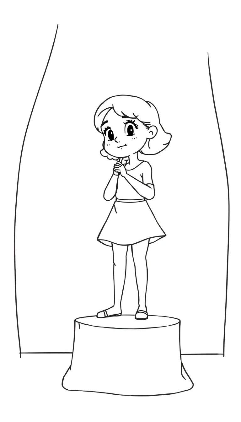 Kleurplaat van een jong meisje met kort haar en grote ogen dat acteert op een verhoging, met gevouwen handen en omringd door verticale lijnen.