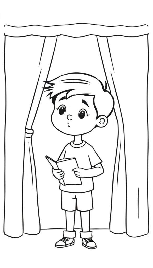 Kleurplaat van een jongen met warrig haar en een T-shirt dat een open boek vasthoudt op een podium voor rode gordijnen.