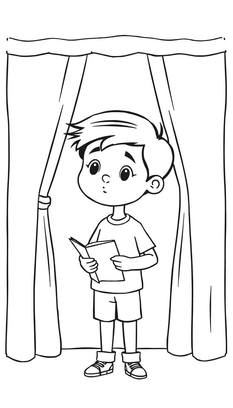 Kleurplaat van een jongen met warrig haar en een T-shirt dat een open boek vasthoudt op een podium voor rode gordijnen.
