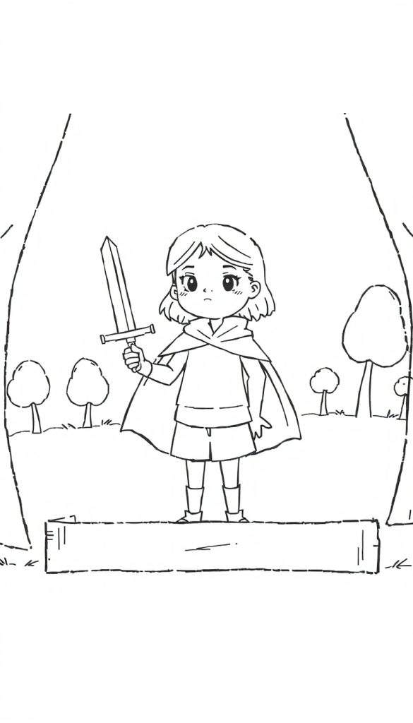 Zwart-wit tekening van een meisje in een cape met een zwaard, staand op een podium in een bos. Het meisje lijkt te acteren, met een dramatische pose.