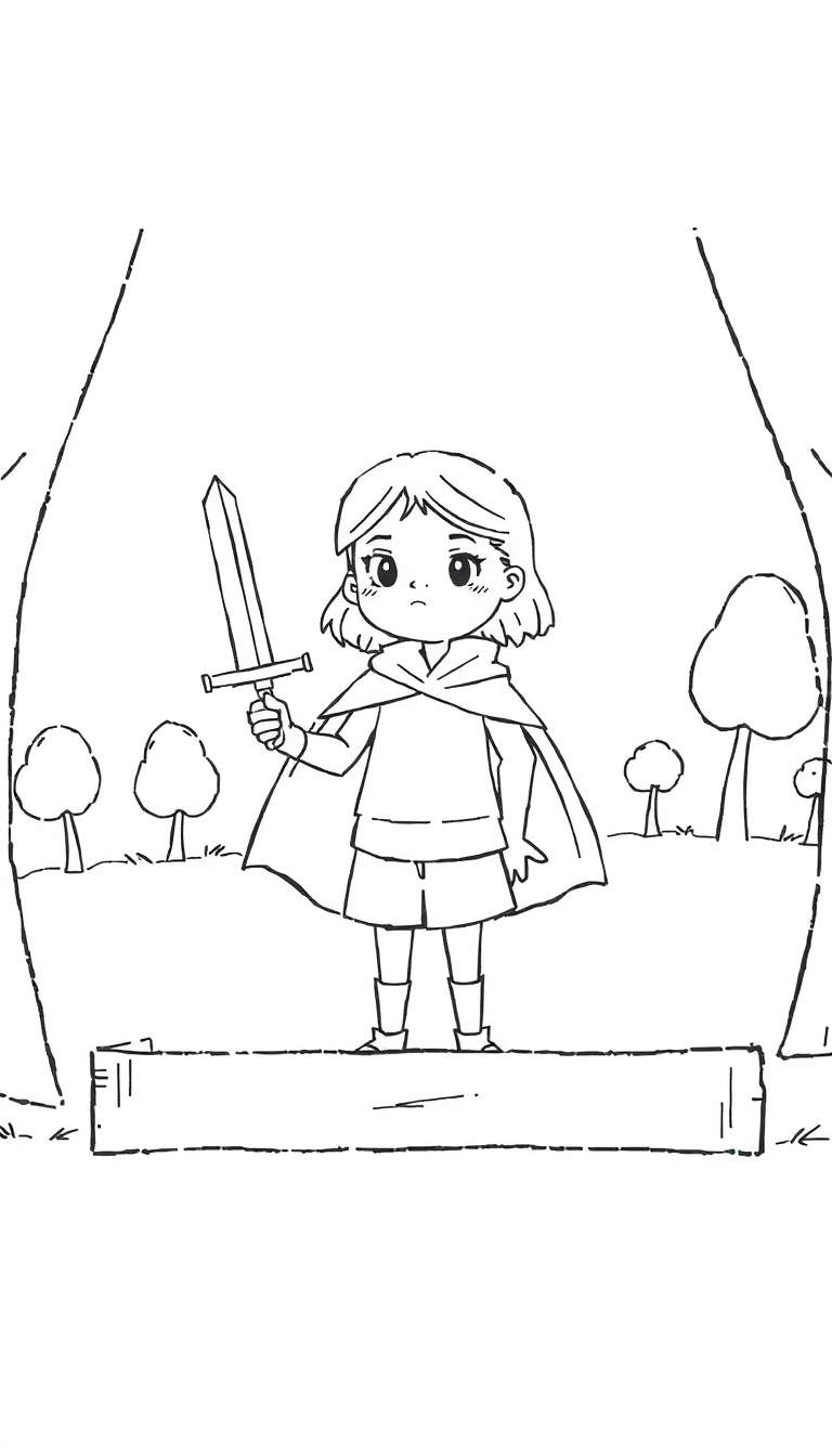 Zwart-wit tekening van een meisje in een cape met een zwaard, staand op een podium in een bos. Het meisje lijkt te acteren, met een dramatische pose.