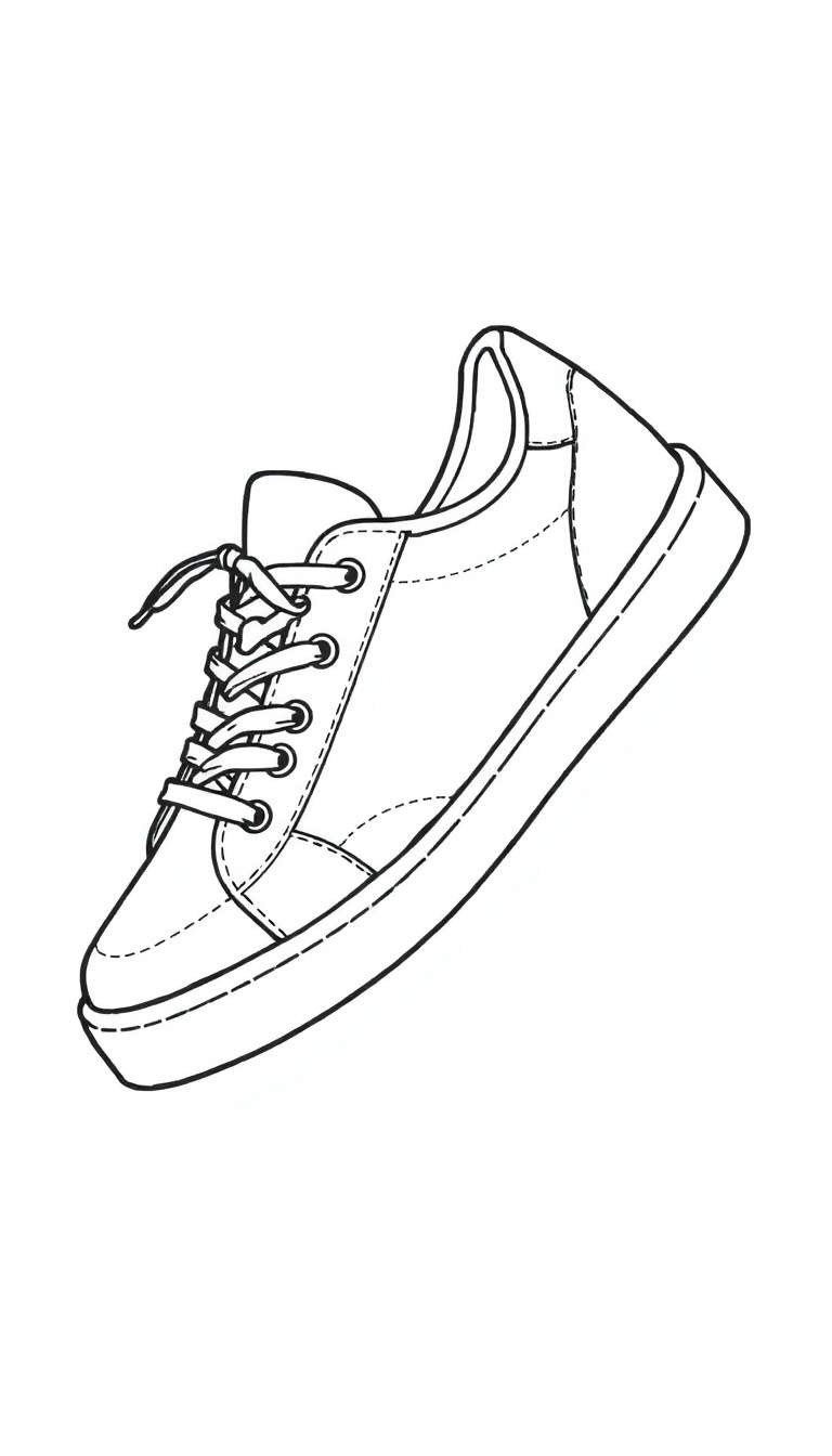 Zwart-wit lijntekening van een Alexander McQueen sneaker, diagonaal geplaatst, met zichtbare stiksels, veters en zool, op een witte achtergrond.
