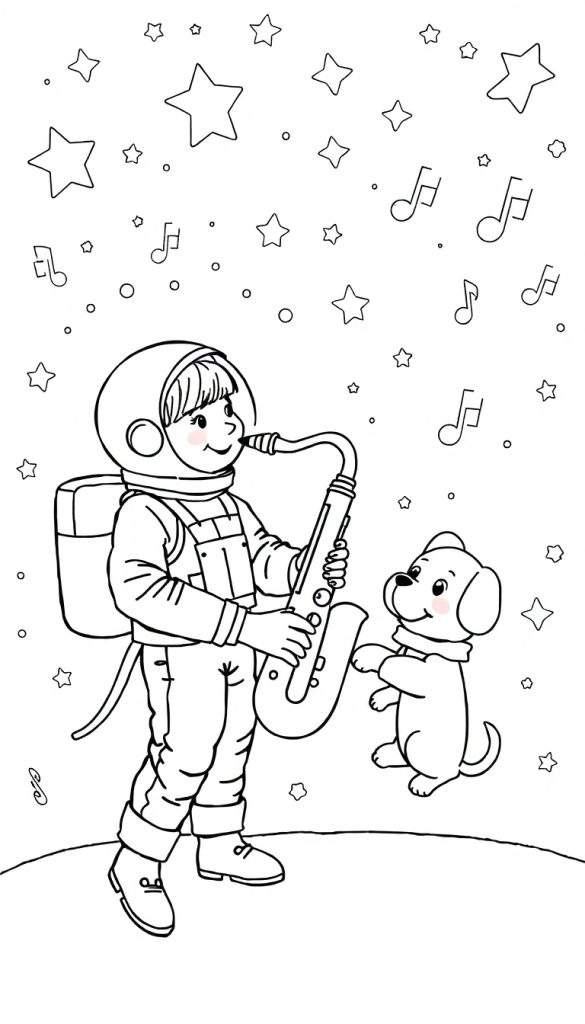 Kleurplaat van een astronautmeisje dat saxofoon speelt in de ruimte, met een puppy astronaut en veel sterren en muzieknoten.