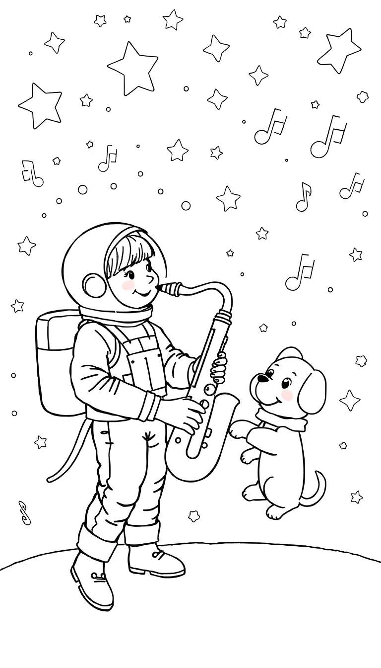 Kleurplaat van een astronautmeisje dat saxofoon speelt in de ruimte, met een puppy astronaut en veel sterren en muzieknoten.