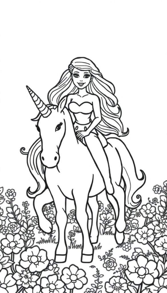 Kleurplaat van een meisje met lang haar dat op een eenhoorn rijdt in een bloemenveld, klaar om ingekleurd te worden.