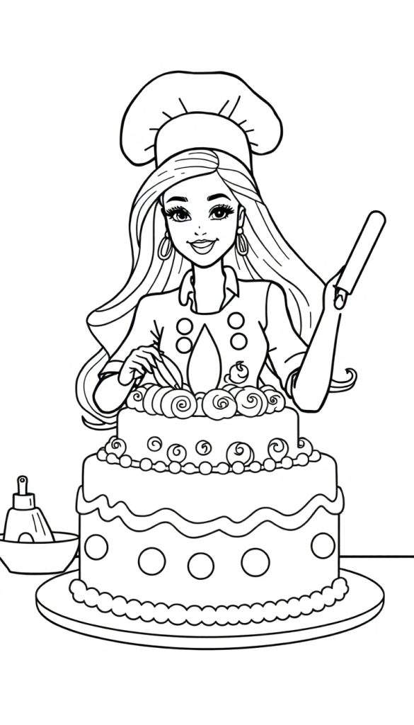 Kleurplaat van Barbie als kok die een grote, tweelaagse taart versiert met een taartmes. Ze draagt een koksmuts en schort. Links staat een kom met garde.
