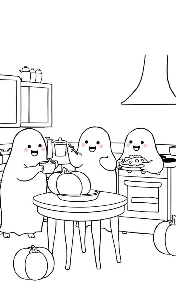 Kleurplaat van drie schattige spoken die in een keuken taart bakken voor Halloween, met pompoenen en kookgerei.
