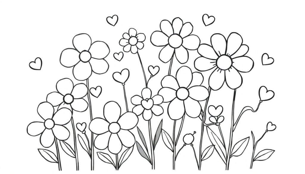 Zwart-wit kleurplaat van vrolijke bloemen en hartjes, met verschillende bloemvormen en zwevende hartjes.