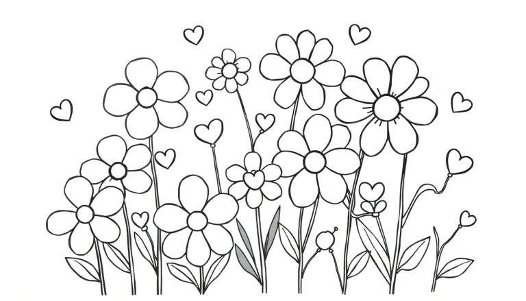 Zwart-wit kleurplaat van vrolijke bloemen en hartjes, met verschillende bloemvormen en zwevende hartjes.