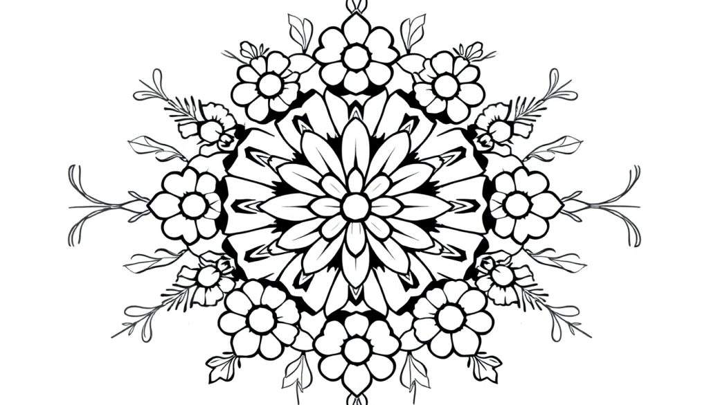 Zwart-witte mandala kleurplaat met bloemen en blaadjes, perfect om in te kleuren.