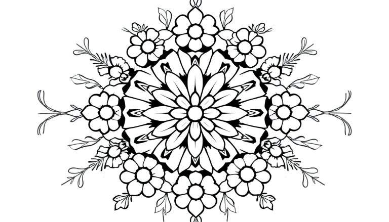 Zwart-witte mandala kleurplaat met bloemen en blaadjes, perfect om in te kleuren.